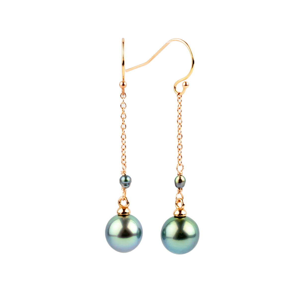 Lagoon Blue Tahitian Pearl Poseidon Earrings on 14K Rose Gold