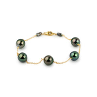 Deep Greens Tahitian Pearl Tin Cup Bracelet on 14K Yellow Gold