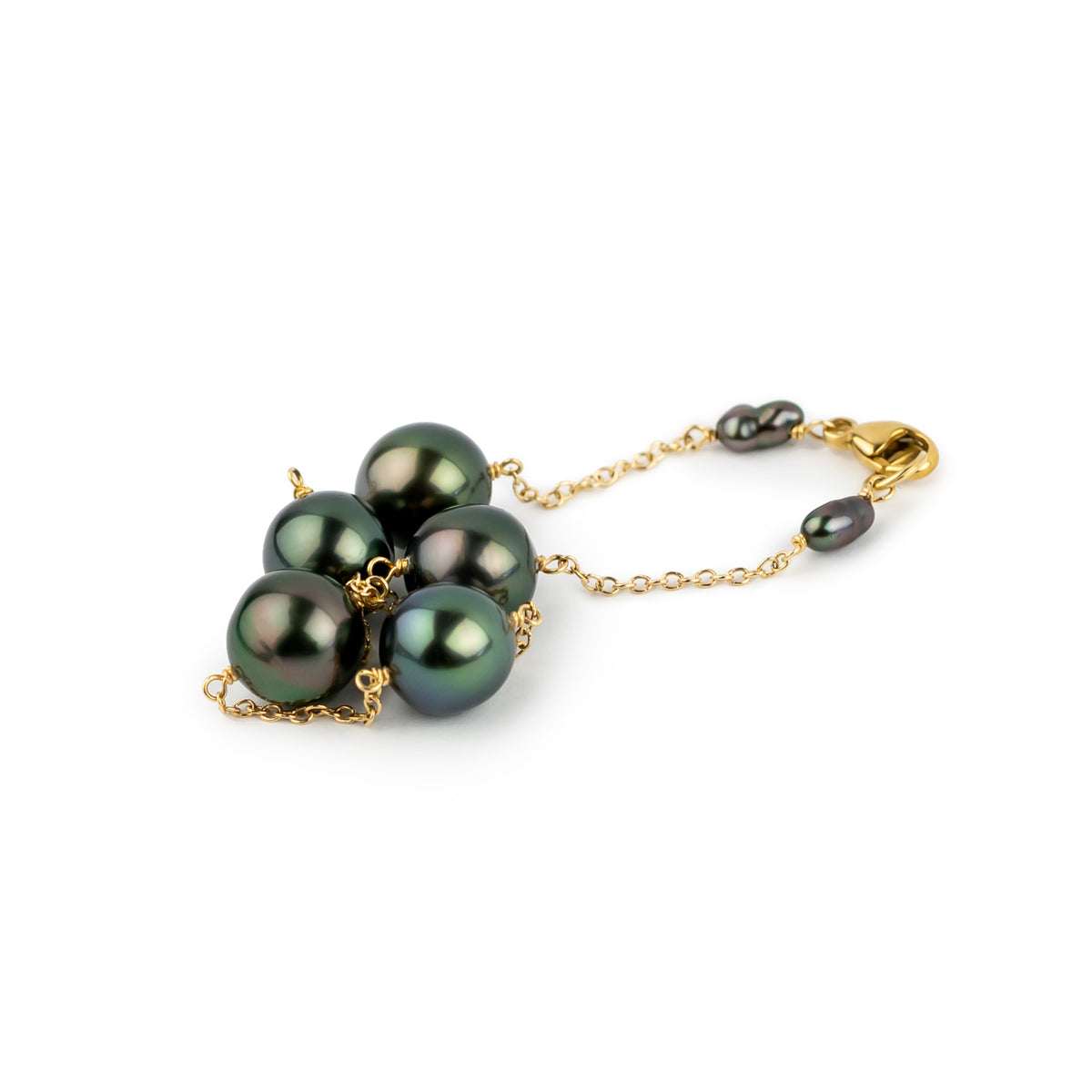 Deep Greens Tahitian Pearl Tin Cup Bracelet on 14K Yellow Gold