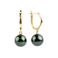 Midnight Purple 8.8mm Tahitian Pearl U-Hoop Earrings on 14K Yellow Gold