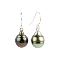 Violet Green Circled Tahitian Pearl Dangles on Sterling Silver