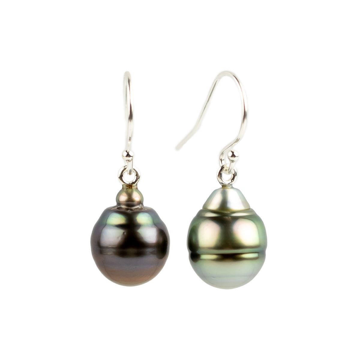 Violet Green Circled Tahitian Pearl Dangles on Sterling Silver