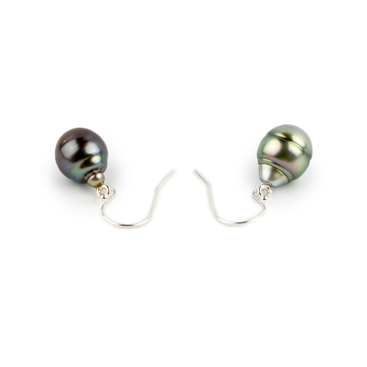 Violet Green Circled Tahitian Pearl Dangles on Sterling Silver