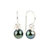 Deep Sea Baroque Tahitian Pearl Hibiscus Hook Earrings