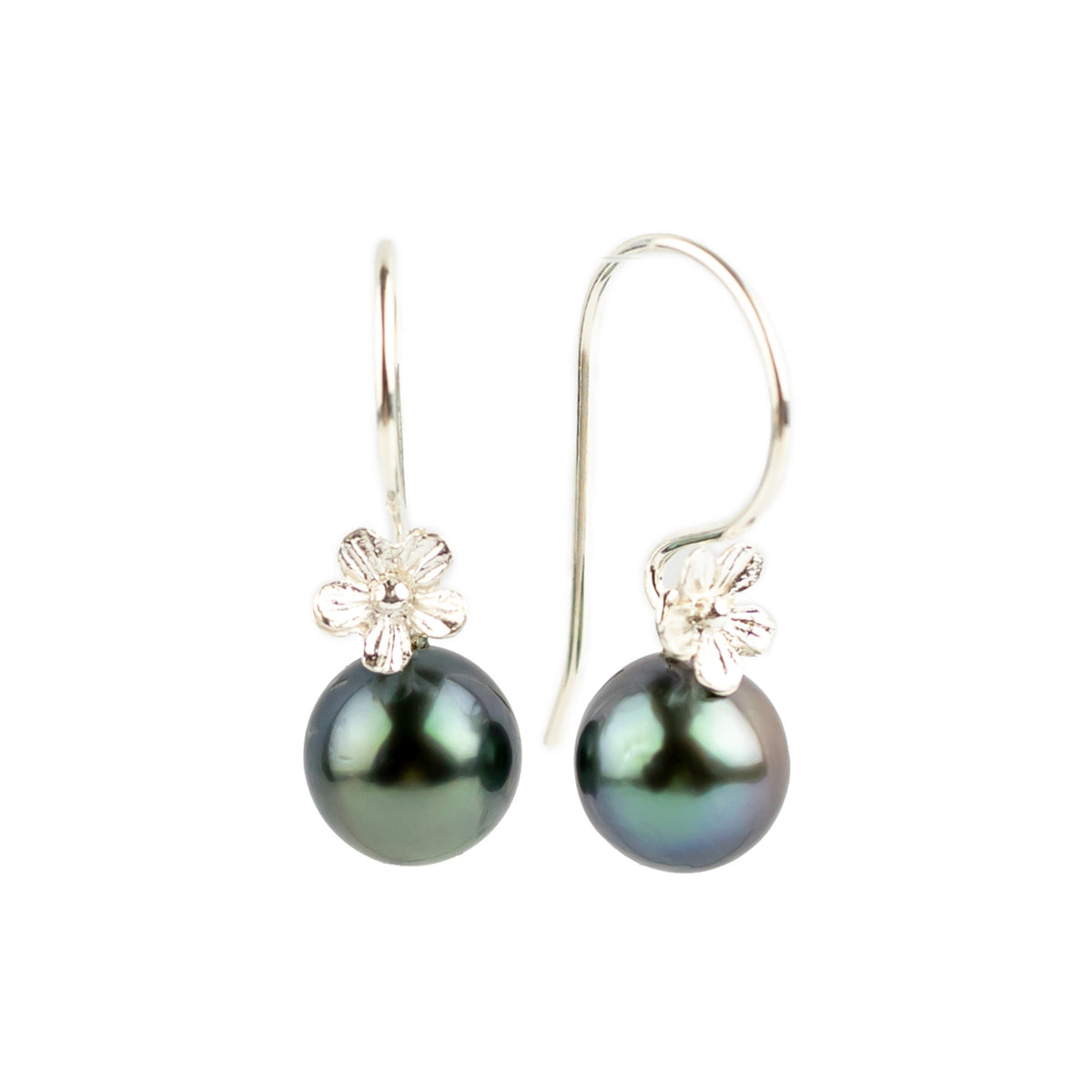 Deep Sea Baroque Tahitian Pearl Hibiscus Hook Earrings
