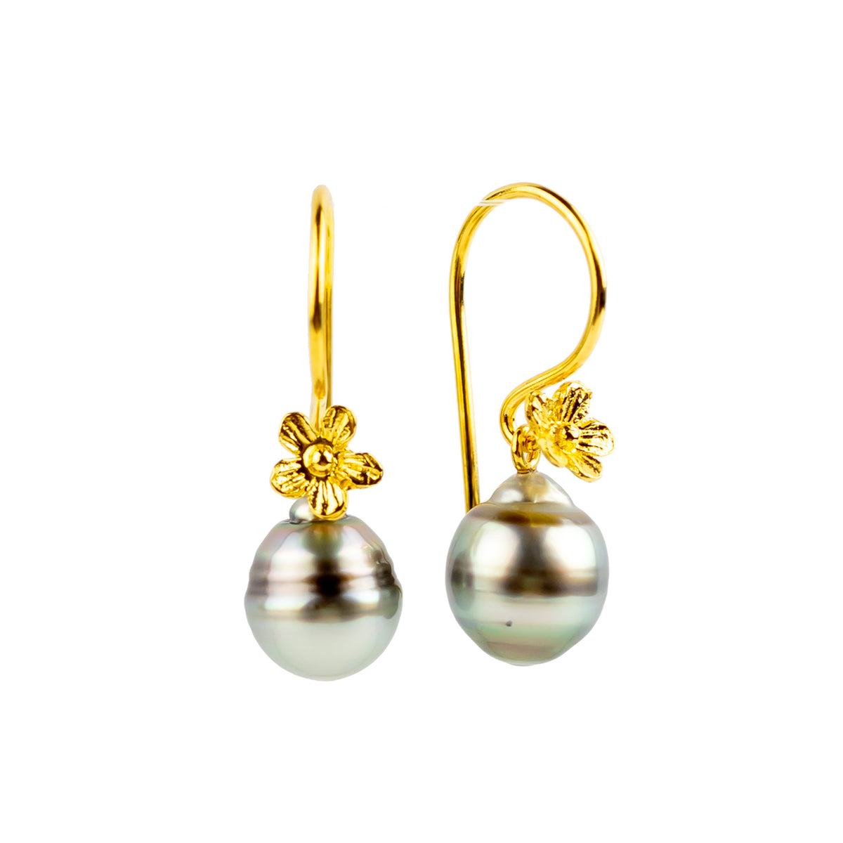 Iridescent Blue Circled Tahitian Pearl Hibiscus Hook Earrings