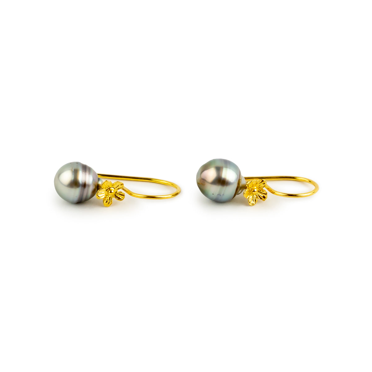 Iridescent Blue Circled Tahitian Pearl Hibiscus Hook Earrings