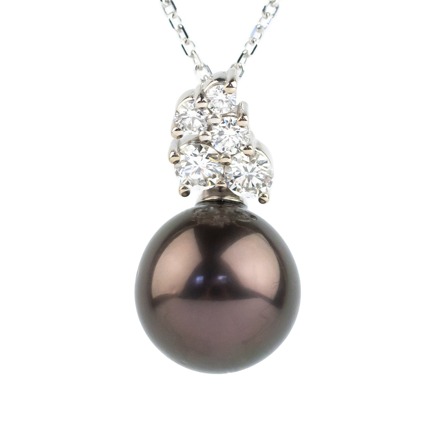 Chocolate Aubergine Tahitian Pearl & Diamond Asteria Pendant or Necklace on 14K White Gold