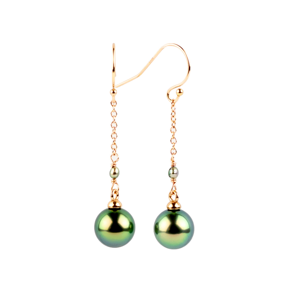 Electric Green Tahitian Pearl Poseidon Earrings on 14K Rose Gold
