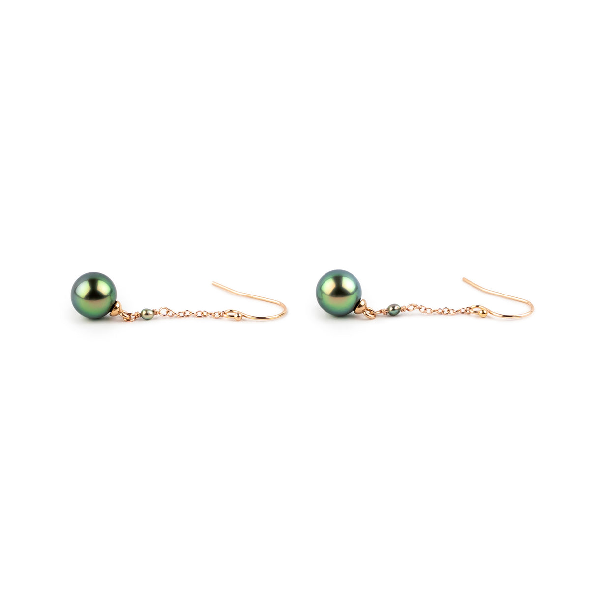 Electric Green Tahitian Pearl Poseidon Earrings on 14K Rose Gold