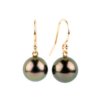 Deep Crimson Green Tahitian Pearl Dangle Earrings on 14K Yellow Gold