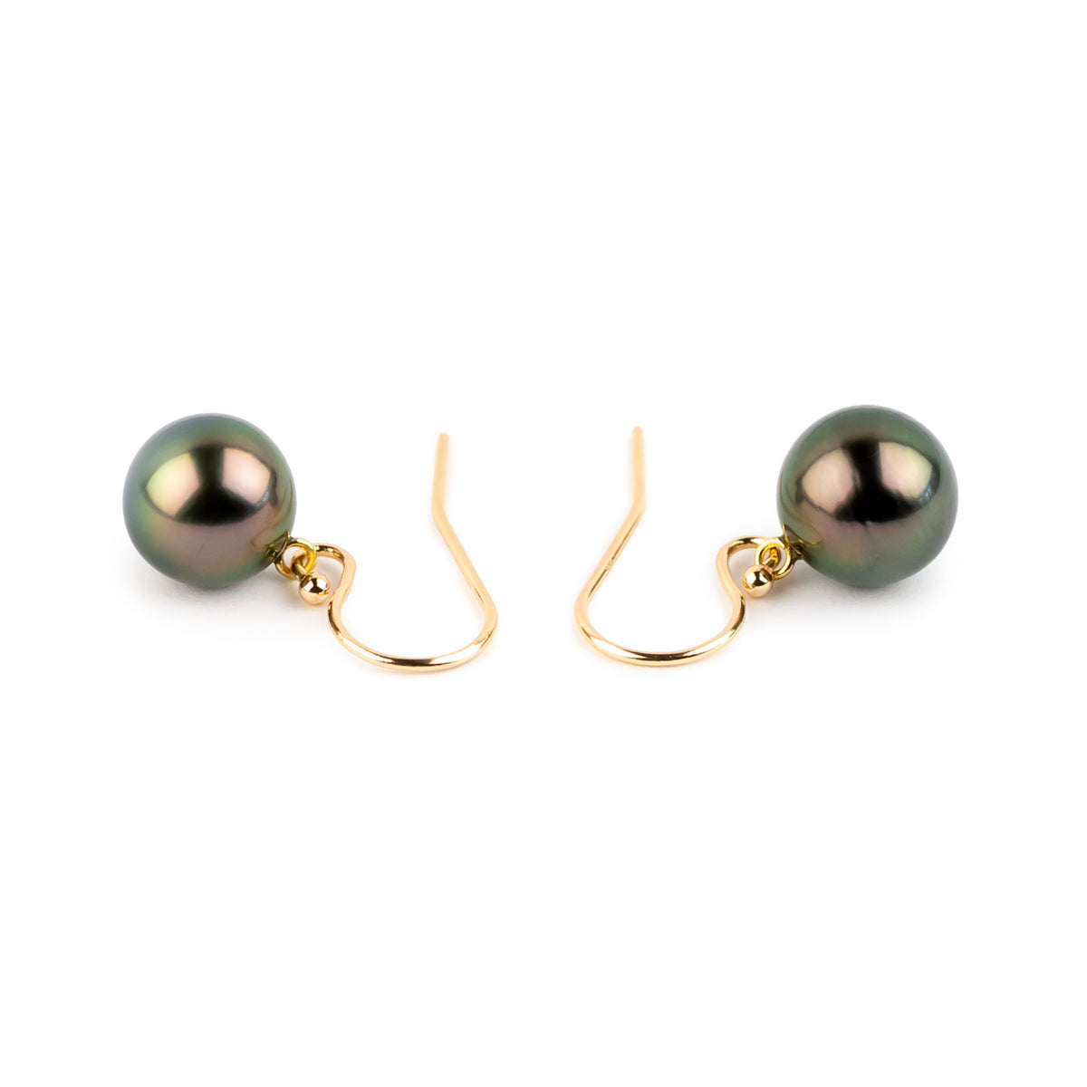 Deep Crimson Green Tahitian Pearl Dangle Earrings on 14K Yellow Gold