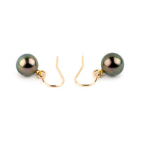 Deep Crimson Green Tahitian Pearl Dangle Earrings on 14K Yellow Gold