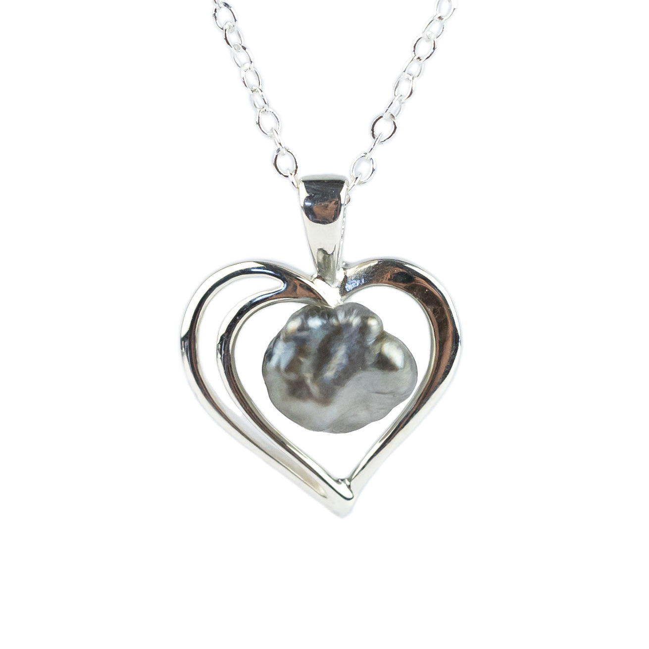 Silver Heart Tahitian Keshi Pearl Necklace