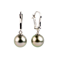 Rosy Pink Green 9.2mm Tahitian Pearl Lever Back Earrings on 14K White Gold