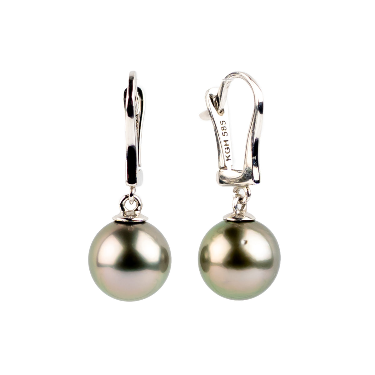 Rosy Pink Green 9.2mm Tahitian Pearl Lever Back Earrings on 14K White Gold