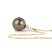 Coppery Aubergine Tahitian Pearl & Diamond Toru Necklace on 14K Yellow Gold