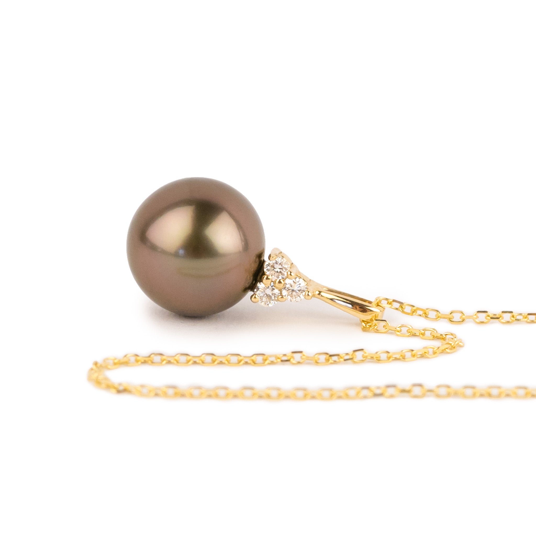 Coppery Aubergine Tahitian Pearl & Diamond Toru Necklace on 14K Yellow Gold