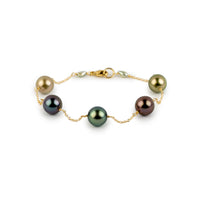 Vibrant Jewel Tones Tahitian Pearl Tin Cup Bracelet on 14K Yellow Gold