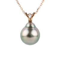Pink Green 9mm Tahitian Pearl I'a Necklace on 14K Rose Gold