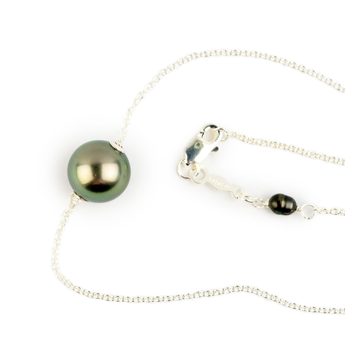 Peacock Green 10mm Tahitian Pearl Solitaire Necklace on Sterling Silver