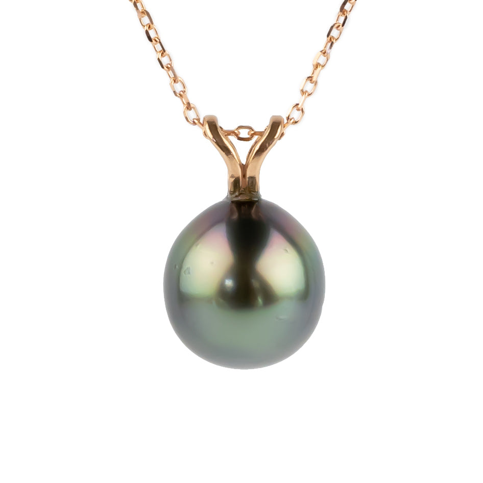 Dark Rainbow 9mm Tahitian Pearl I'a Necklace on 14K Rose Gold