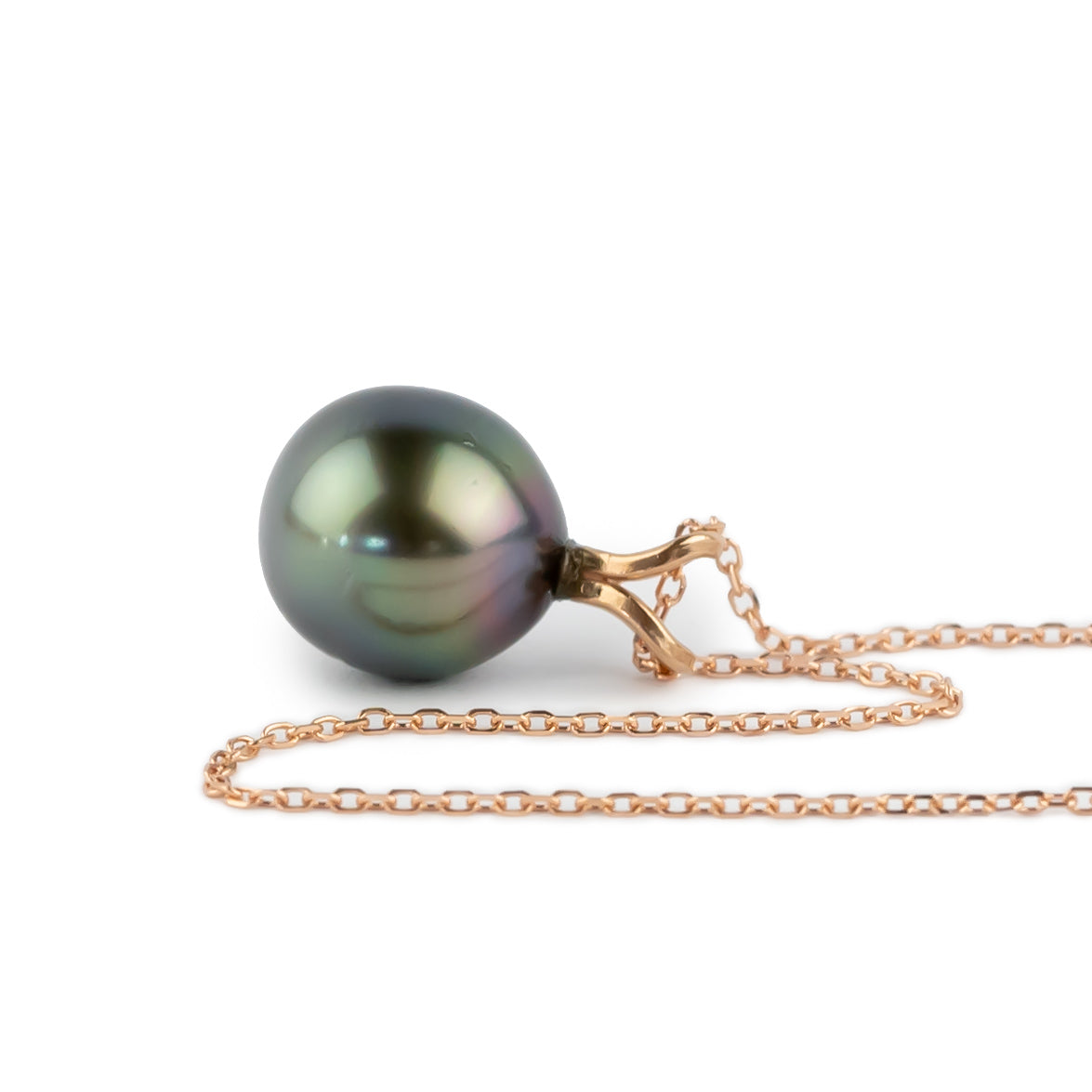 Dark Rainbow 9mm Tahitian Pearl I'a Necklace on 14K Rose Gold