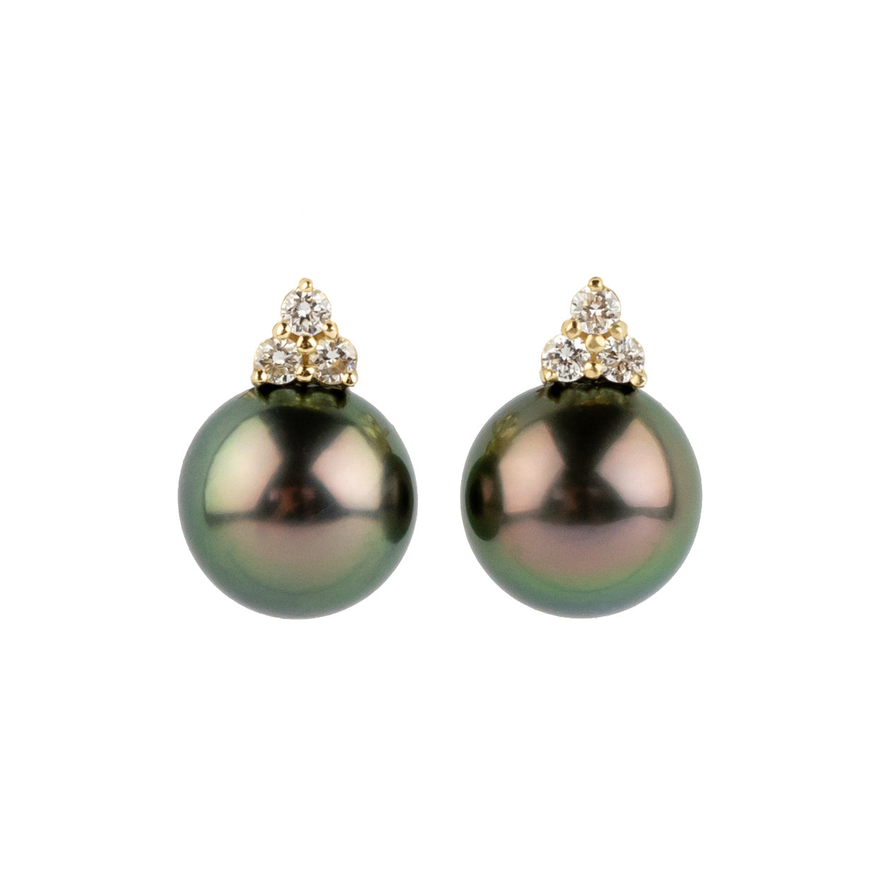 Aubergine Peacock Tahitian Pearl & Diamond Toru Earrings on 14K Yellow Gold