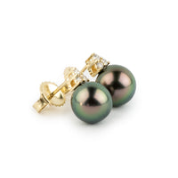 Aubergine Peacock Tahitian Pearl & Diamond Toru Earrings on 14K Yellow Gold