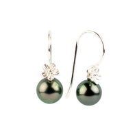 Forest Green Tahitian Pearl Hibiscus Hook Earrings