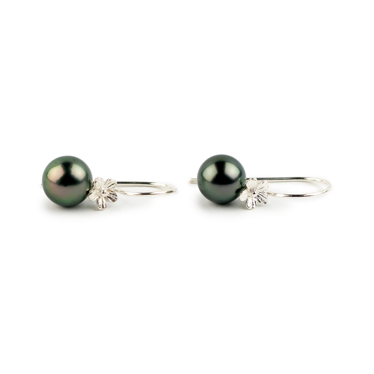 Forest Green Tahitian Pearl Hibiscus Hook Earrings