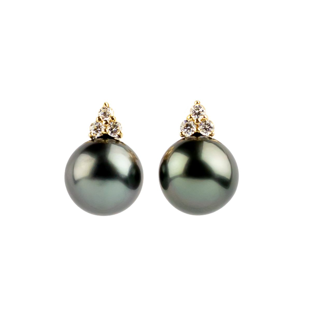 Stormy Blue Tahitian Pearl & Diamond Toru Earrings on 14K Yellow Gold