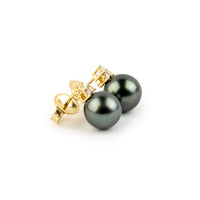 Stormy Blue Tahitian Pearl & Diamond Toru Earrings on 14K Yellow Gold