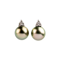 Golden Pink Green Tahitian Pearl & Diamond Toru Earrings on 14K White Gold