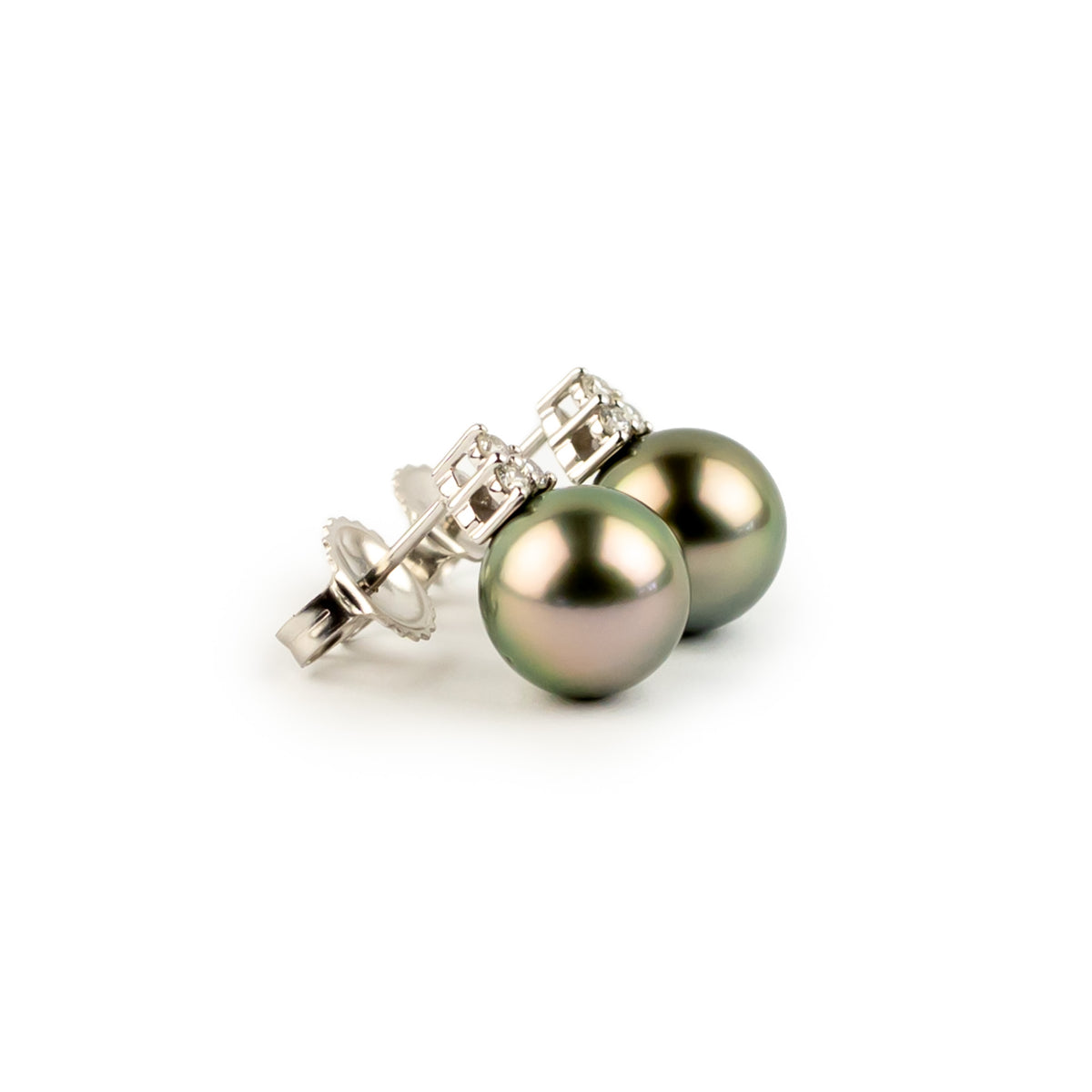 Golden Pink Green Tahitian Pearl & Diamond Toru Earrings on 14K White Gold