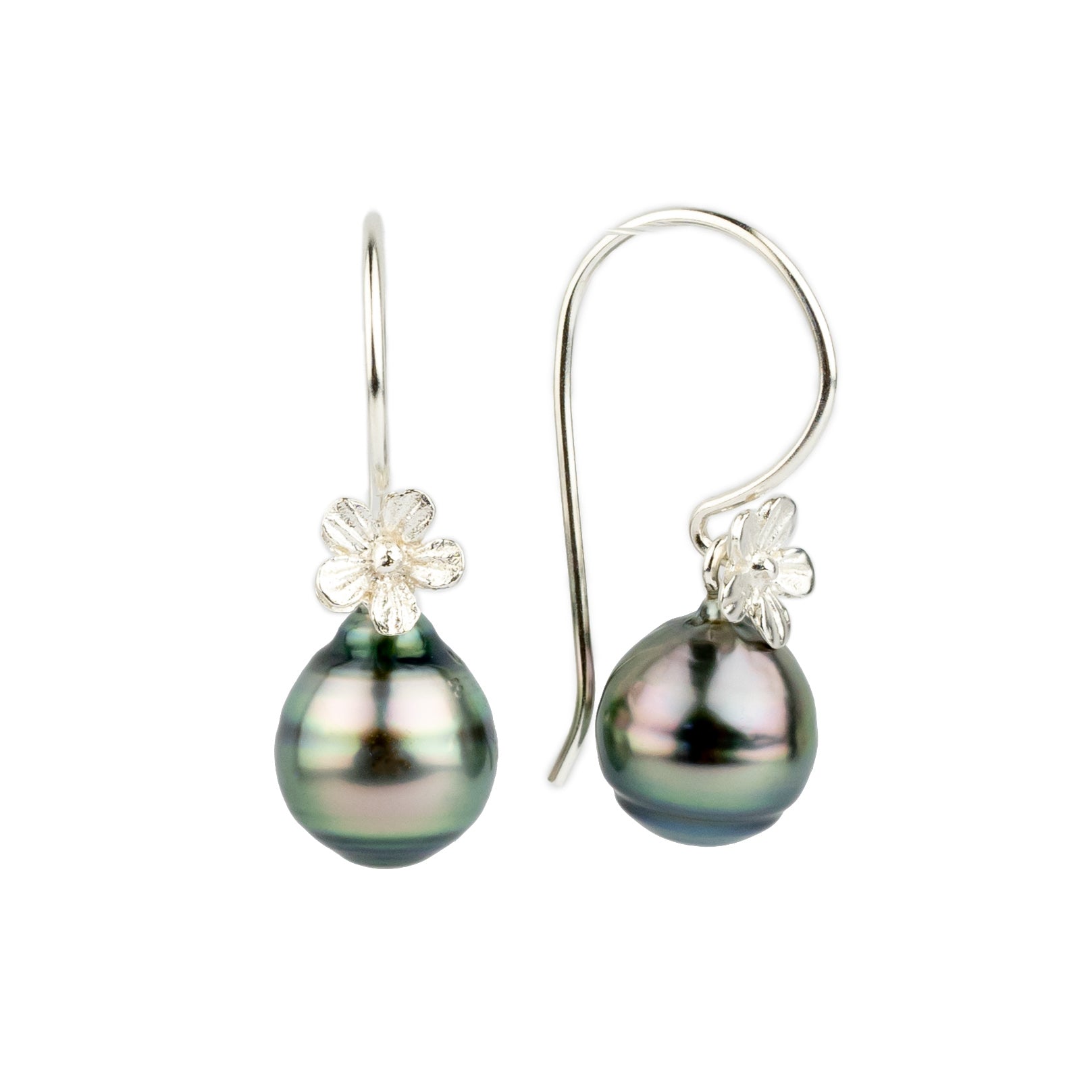 Pink Green Circled Tahitian Pearl Hibiscus Hook Earrings
