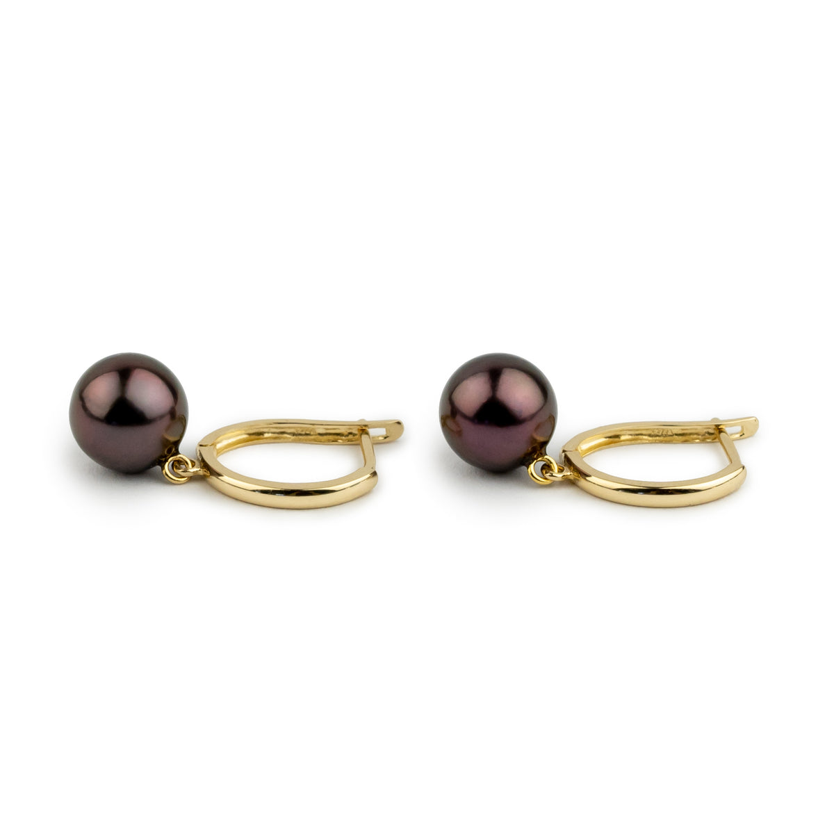 Dark Cherry 8.2mm Tahitian Pearl U-Hoop Earrings on 14K Yellow Gold