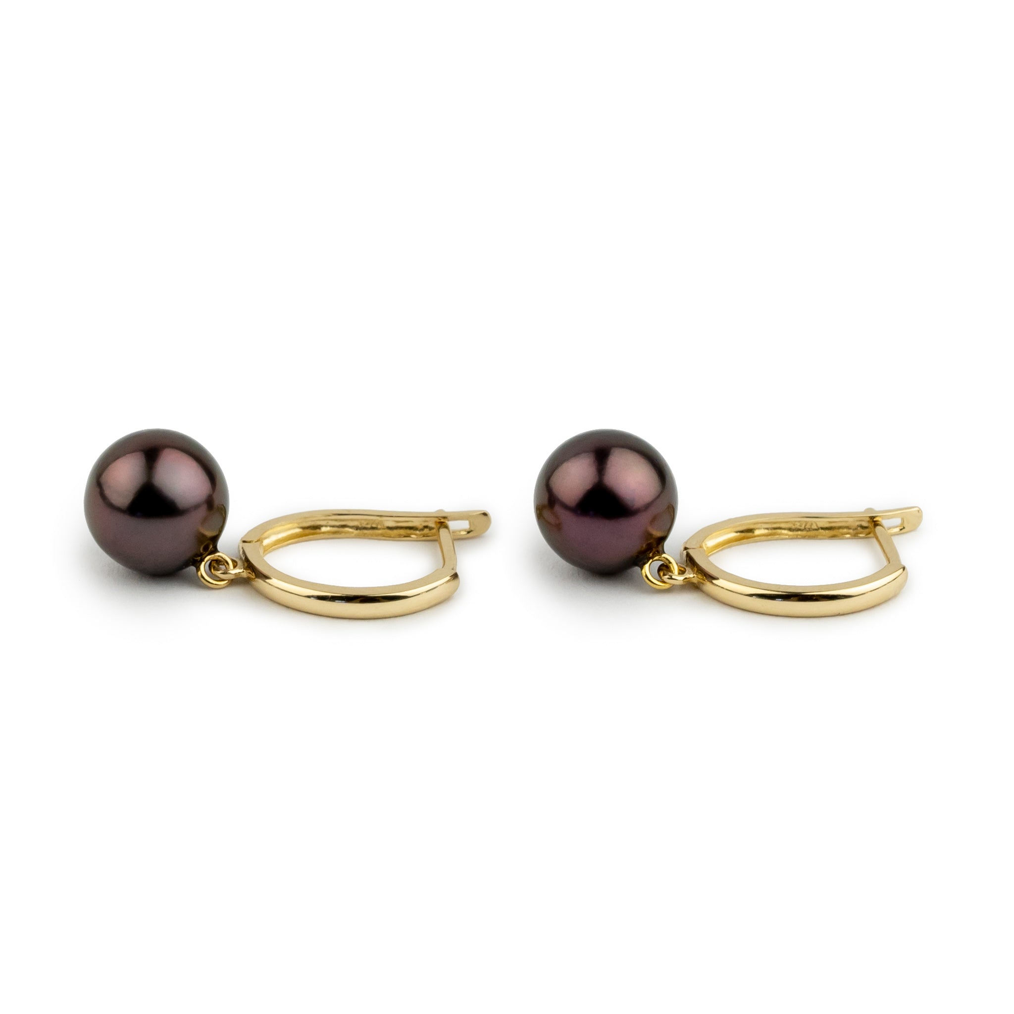 Dark Cherry 8.2mm Tahitian Pearl U-Hoop Earrings on 14K Yellow Gold