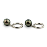 Warm Green 10.4mm Tahitian Pearl Hoop Earrings on Sterling Silver