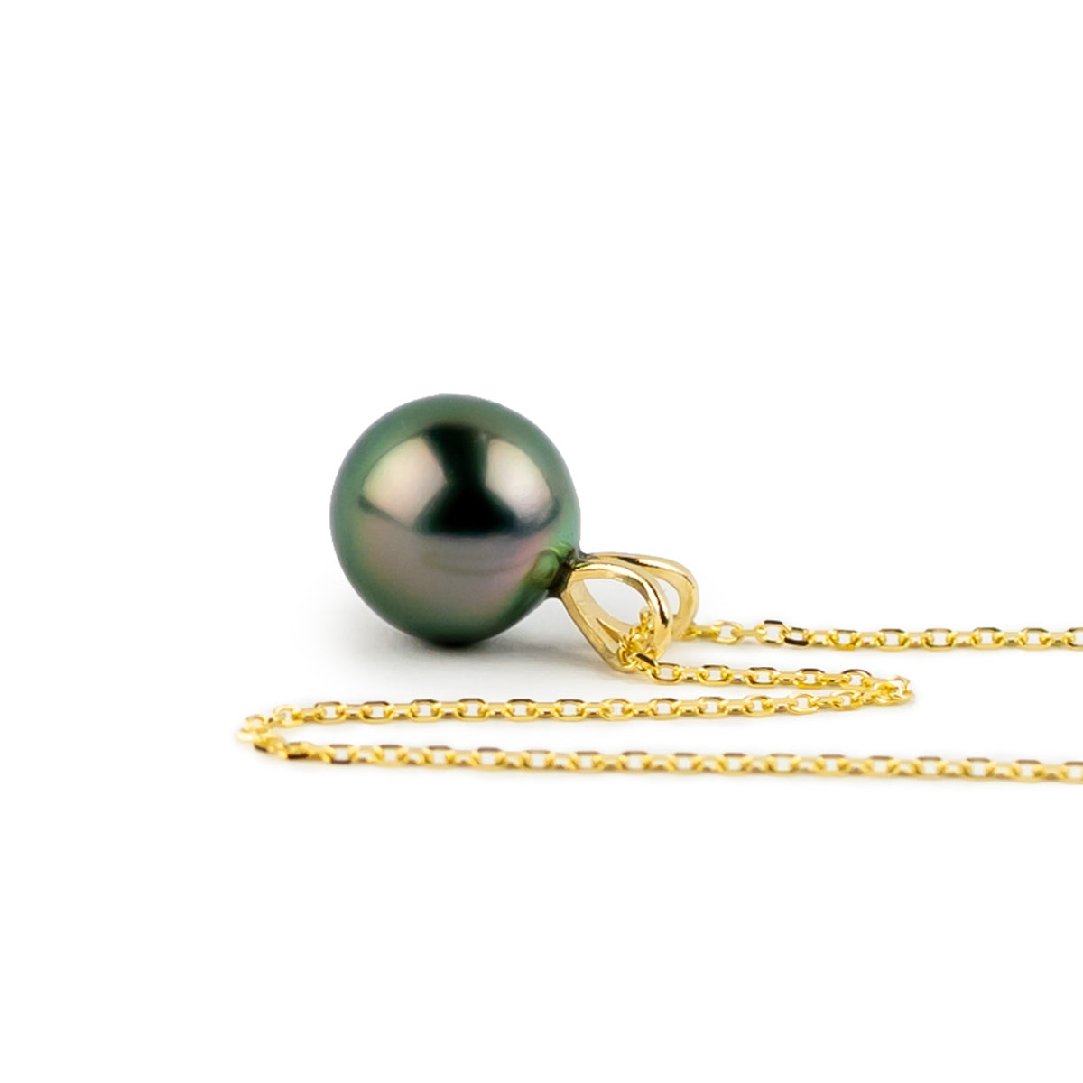 Aubergine Green 8.5mm Tahitian Pearl I'a Necklace on 14K Yellow Gold