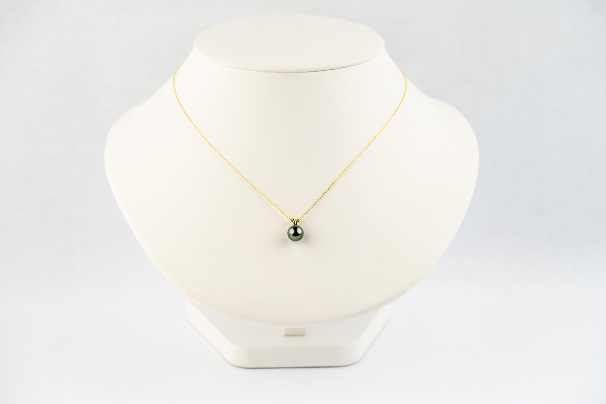 Aubergine Green 8.5mm Tahitian Pearl I'a Necklace on 14K Yellow Gold