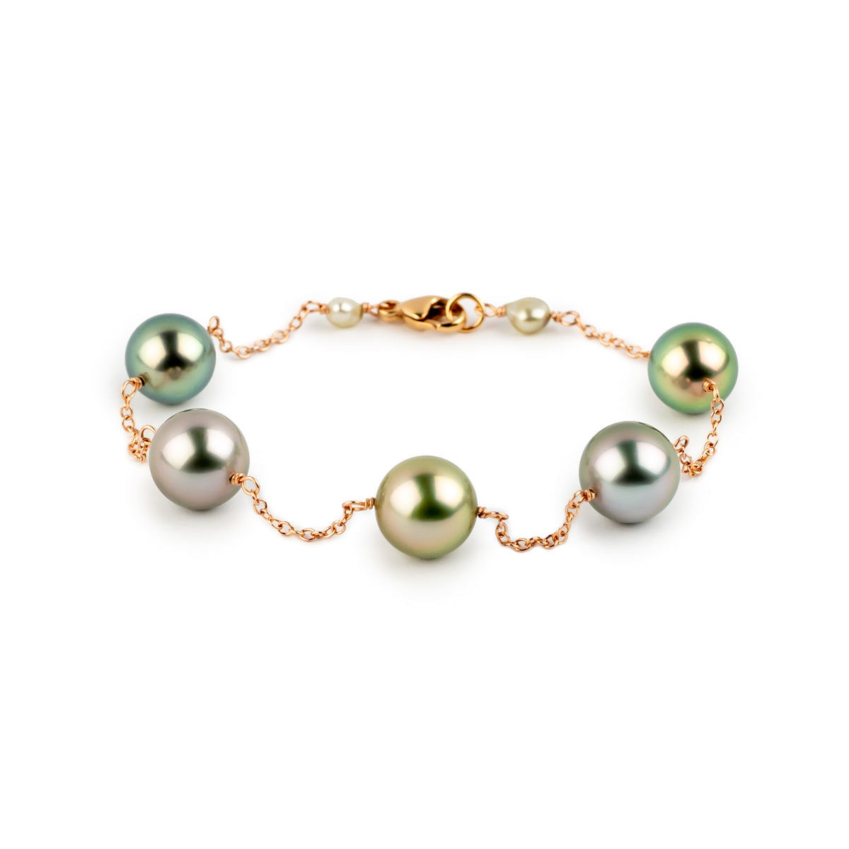 Sweet Pink Green Tahitian Pearl Tin Cup Bracelet on 14k Rose Gold