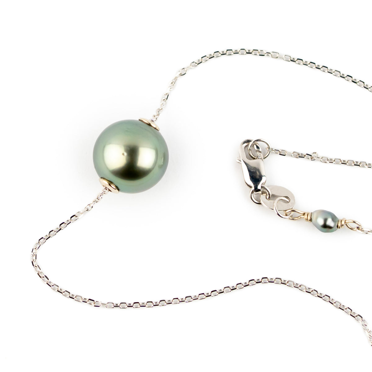Sparkling Blue Green 9mm Pearl Solitaire Necklace on 14K White Gold