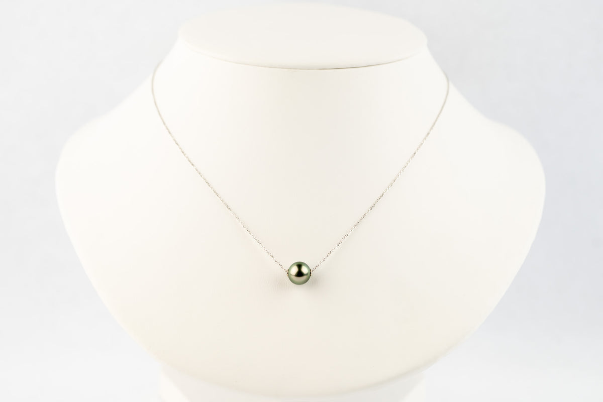 Sparkling Blue Green 9mm Pearl Solitaire Necklace on 14K White Gold
