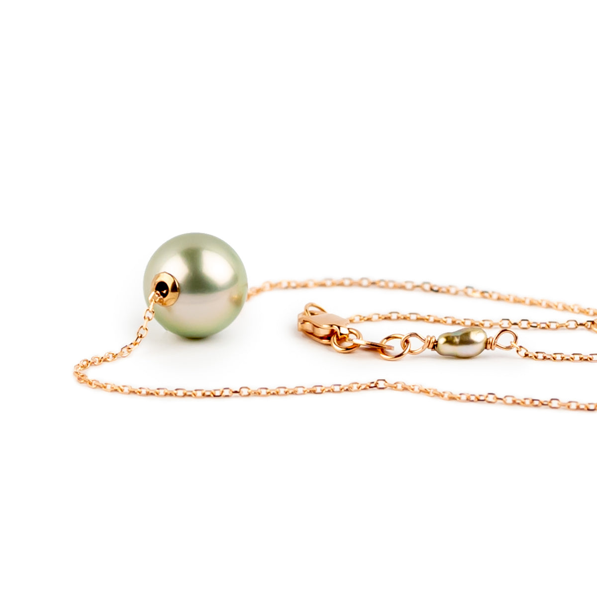 Pale Pistachio 9mm Tahitian Pearl Solitaire Necklace on 14K Rose Gold