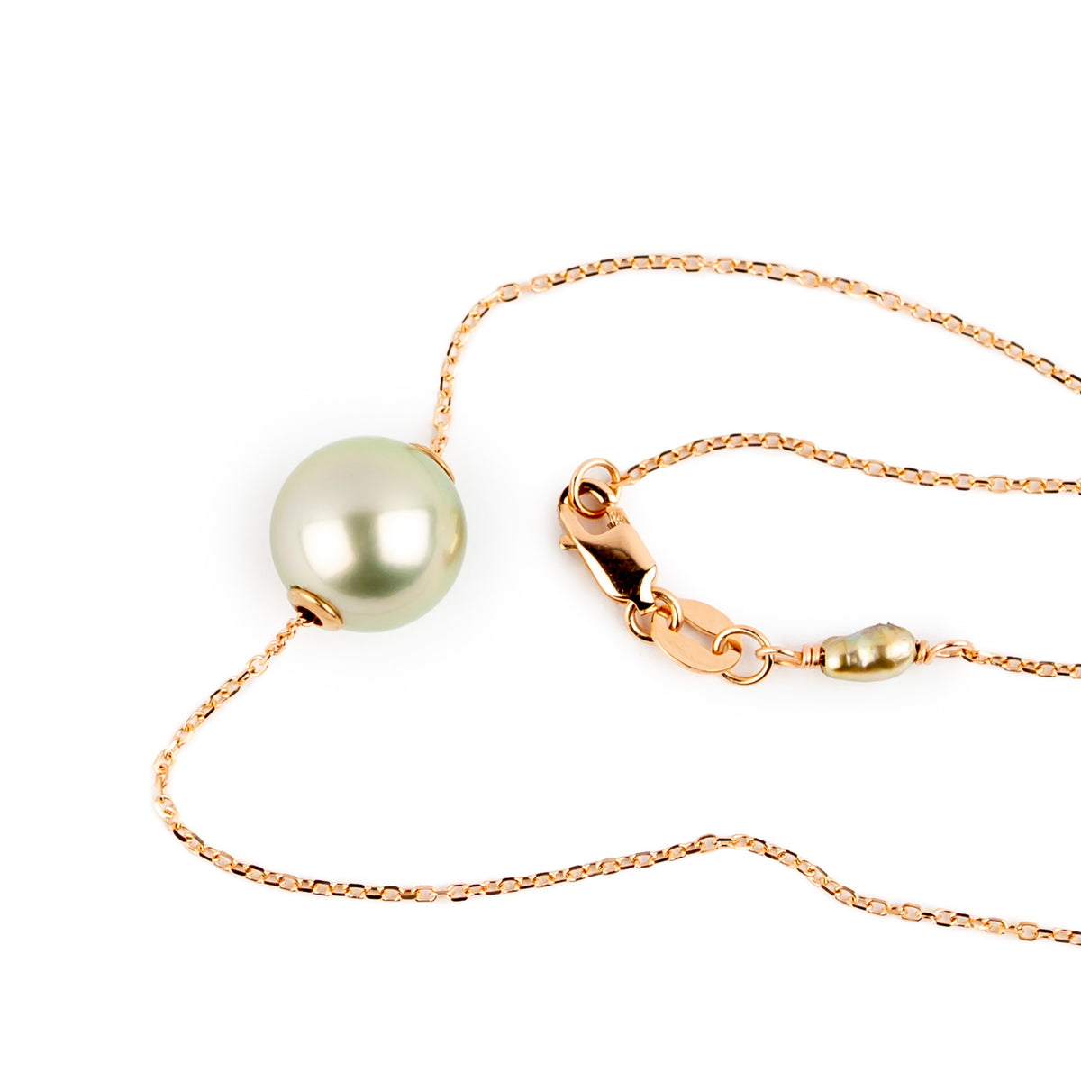 Pale Pistachio 9mm Tahitian Pearl Solitaire Necklace on 14K Rose Gold