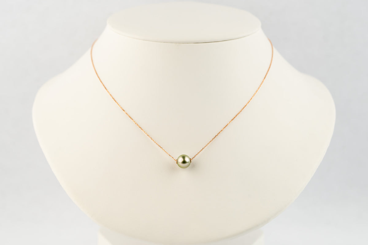 Pale Pistachio 9mm Tahitian Pearl Solitaire Necklace on 14K Rose Gold