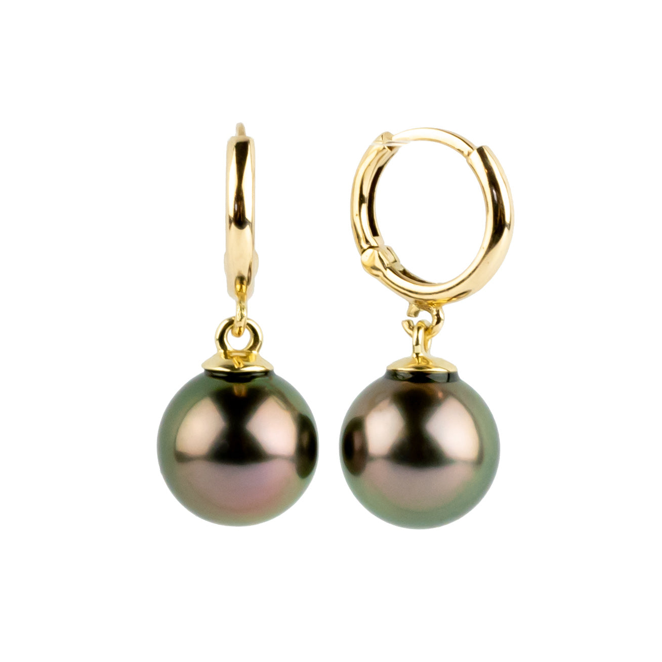 Coppery Pink Green Tahitian Pearl Huggie Hoop Earrings