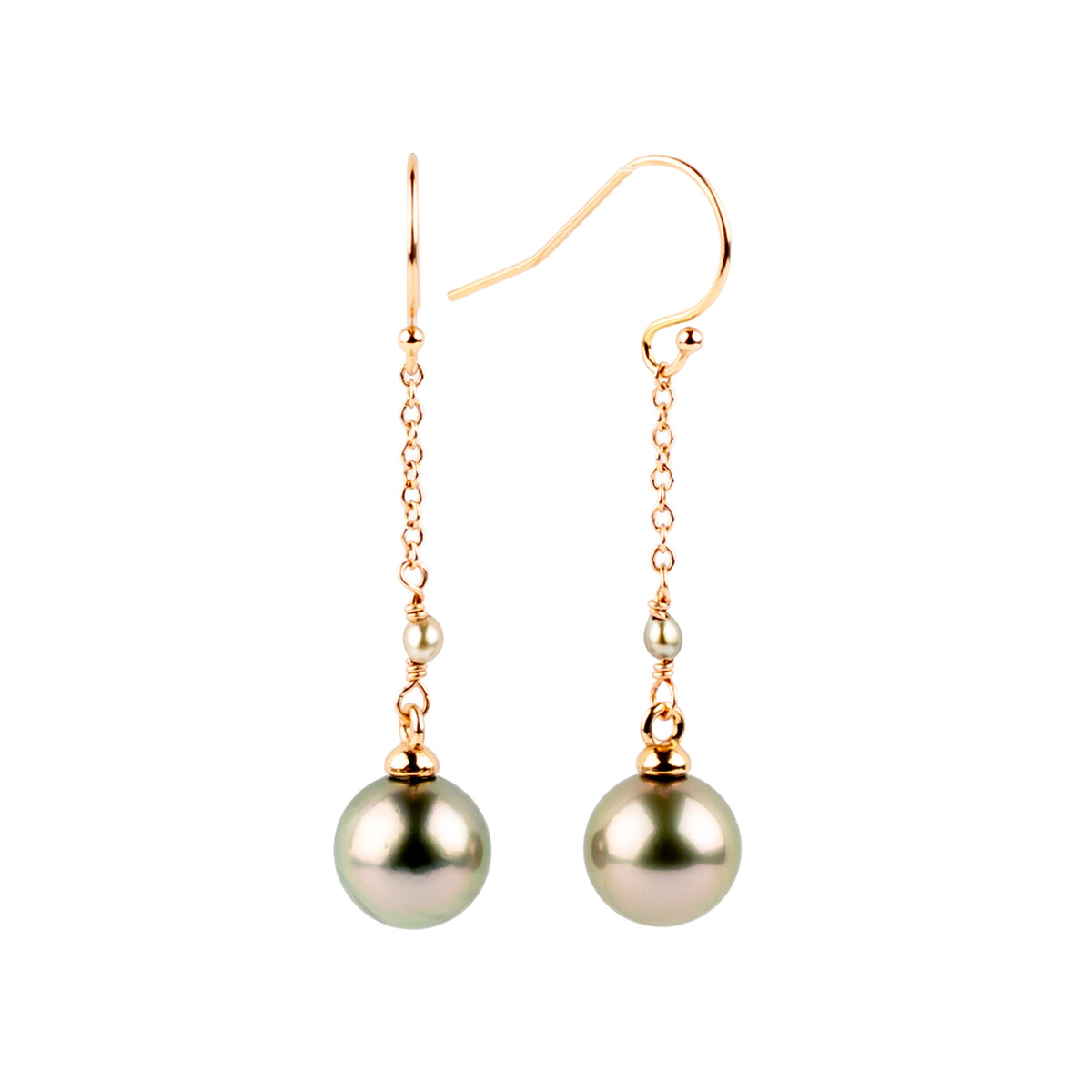 Golden Pink Tahitian Pearl Poseidon Earrings on 14K Rose Gold