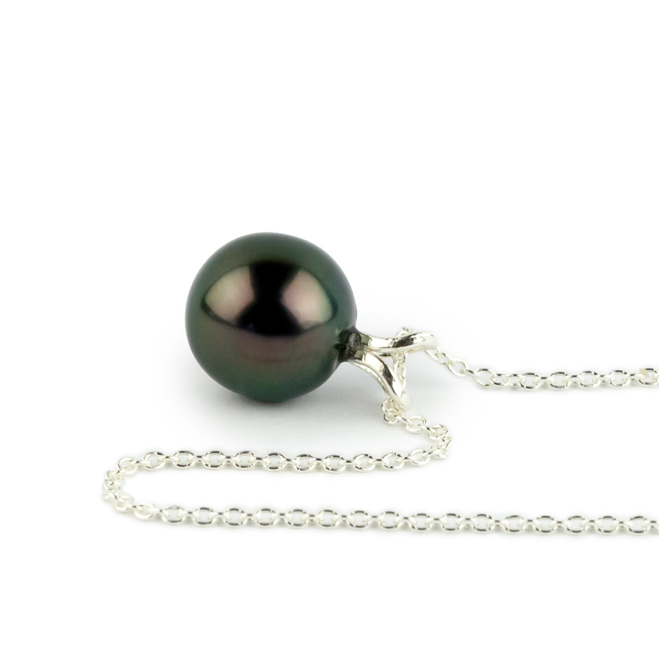 Aubergine Green 9.3mm Tahitian Pearl I'a Necklace on Sterling Silver